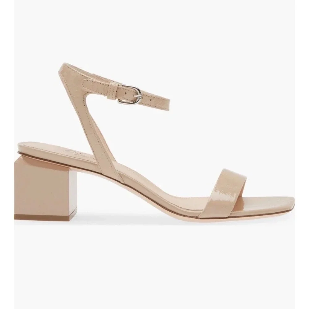 AGL Nude Patent Leather Square Toe Block Heel Sandals Size 39 / US 9